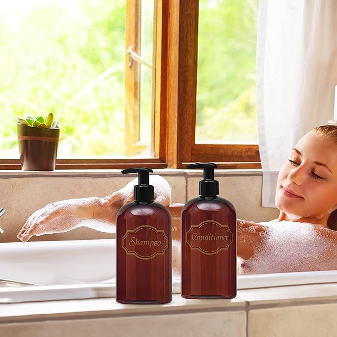 Bottiful Home-16 oz Shampoo and Conditioner Refillable Empty Plastic Pump Bottle Dispenser Set (Amber)