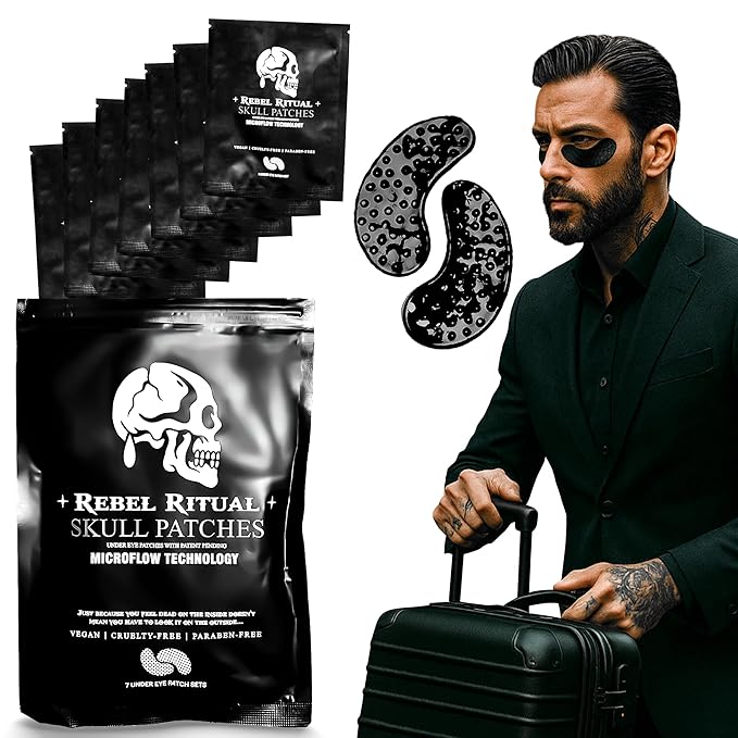 Skull Under Eye Patches for Men, Collagen Hydrogel Eye Masks, Cooling Hydrating Under Eye Patches with MicroFlow Design, 7 Pairs