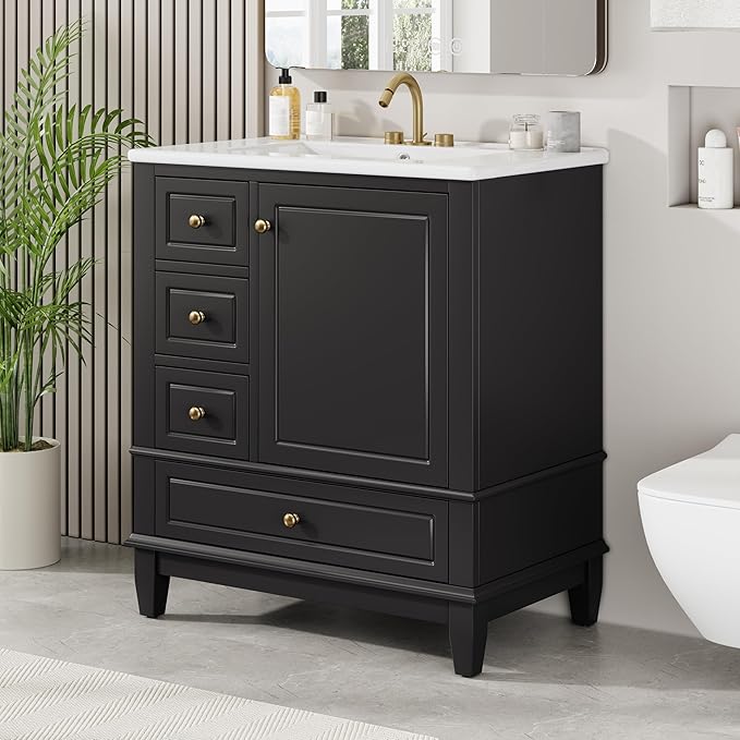 30" Bathroom Vanity with Sink, Harper & Bright Designs Free Standing Single Vanity Set with 3 Drawers and One Door with Storage Racks, Solid Wood Storage Cabinet with Ceramic Basin for Bathroom, Black