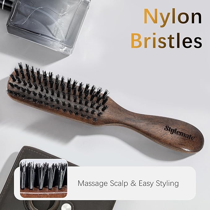 Hair Brush for Men, Mens Slick Back Hair Brush with Stiff Nylon Bristles & Wooden Walnut Handle for Thick & Fine Hair Smoothing, Detangling, Styling, Beard Straightens