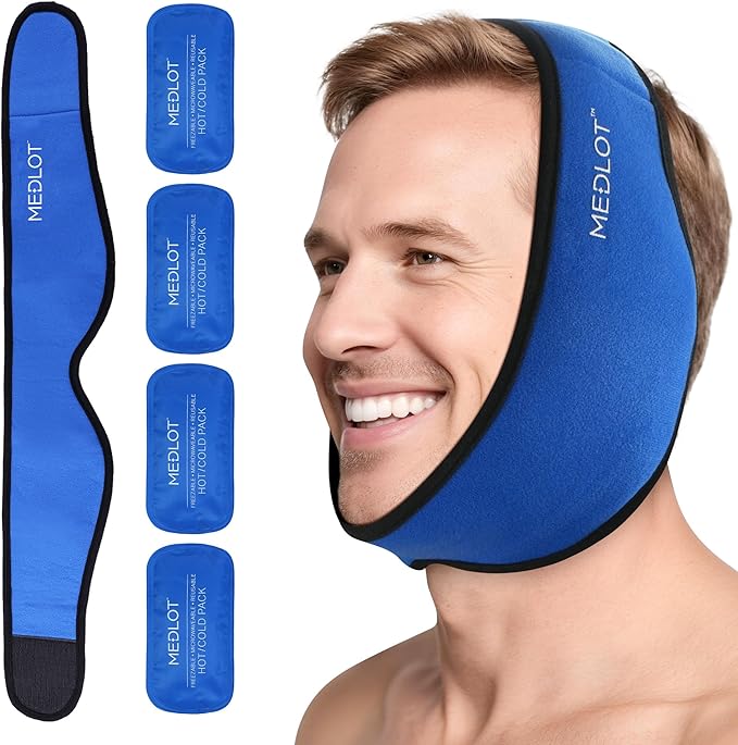 LotFancy Face Ice Pack Wrap for TMJ, Wisdom Teeth, with 4 Reusable Hot Cold Therapy Gel Packs, Pain Relief for Head, Oral and Facial Surgery, Dental Implants, Blue