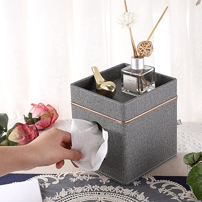 Sumnacon Tissue Box Cover Square Linen Tissue Box, Cube Tissue Box Holder with Top Tray, Stylish Tissue Cover for Bathroom Toilet Living Room Bedroom Table Desk Home Office Car Bar, Grey