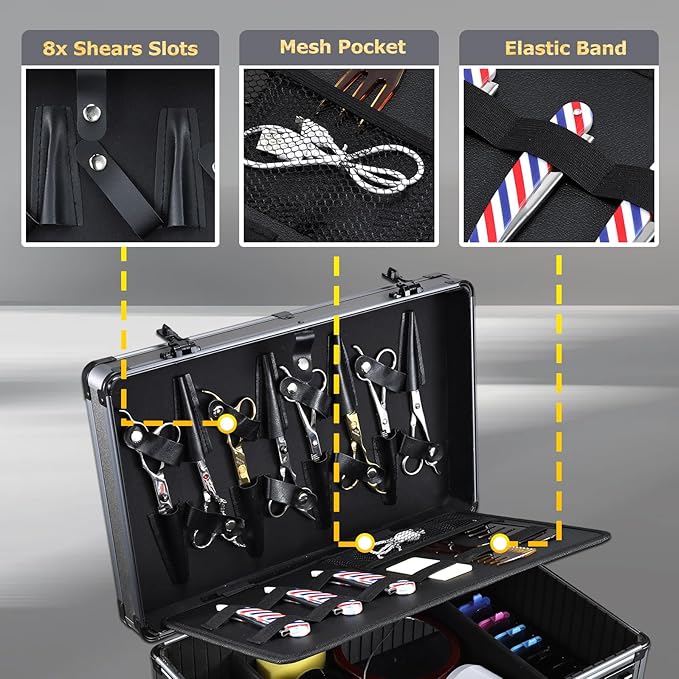 Professional Barber Case - Portable Barber Tool Case Hair Clipper Organizer with Combo Locks, Detachable Trays for Clippers, Shears, Razors, Trimmers - Secure Storage for Barbershop or Travel