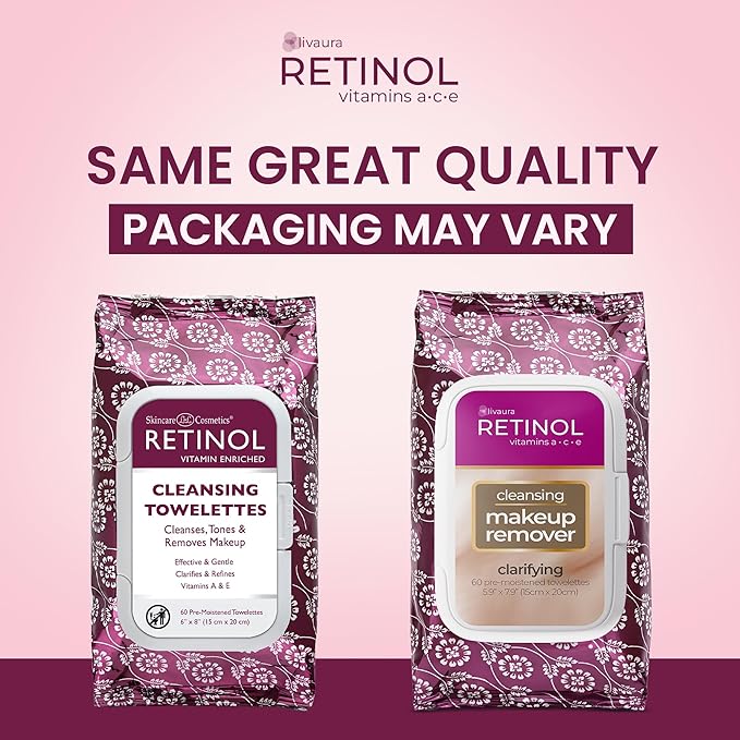 LIVAURA Retinol Anti-Aging Cleansing Towelettes – All-in-One Cleanser, Toner & Makeup Remover in a Convenient Pre-Moistened Wipe – On-The-Go Exfoliating, Toning & Hydrating Leaves Skin Clean