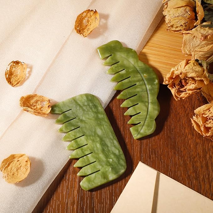 Geiserailie 2 Pcs Jade Combs Esthetician Supplies Massage Stone Hair Gua Sha Scraping Scalp Comb Facial Massage Tool Handheld Head Tools Head Caring Therapy Mother's Day for Women(Stylish Style)