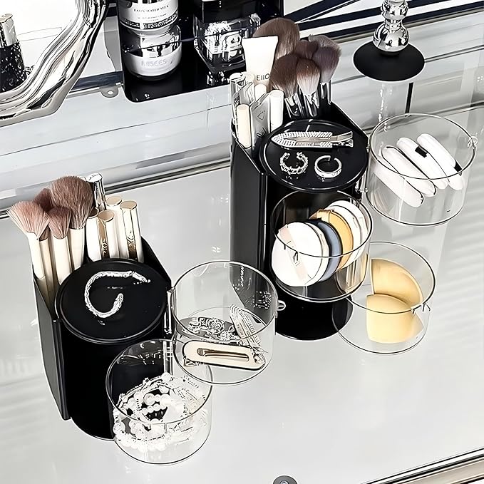 Hair Accessories Organizer with Hair Brush Holder, Rotatable Makeup Brush Holder for Necklaces, Earring, Bracelet, Ring, Makeup Brushes, Hair Clip and Hair Accessories (Black, 2-Layer)