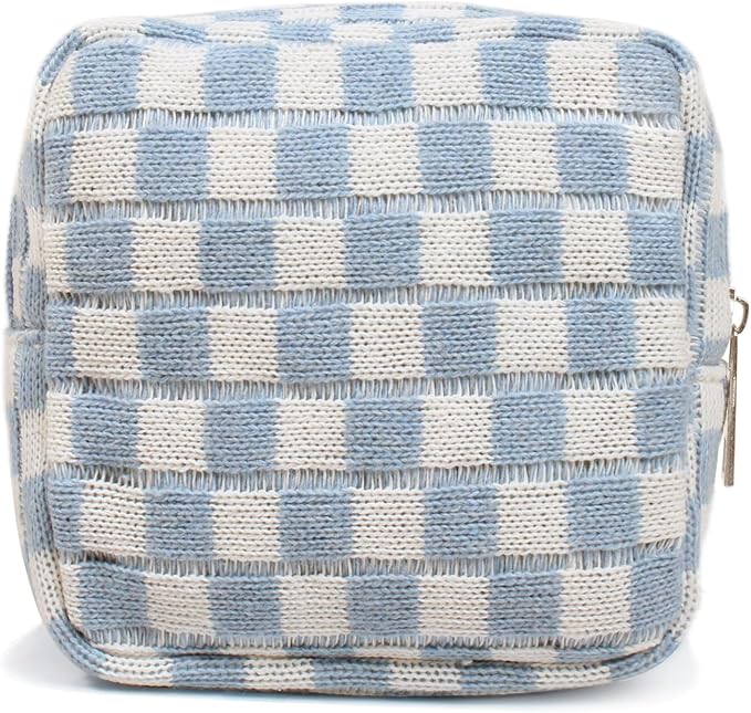 Small Blue Makeup Bag for Purse, Mini Checkered Cosmetic Bag Zipper Cute Make Up Pouch Travel Toiletry Case Quilted Aesthetic Accessories Makeup Storage Bag Organizer for Women