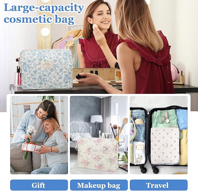 Floral Makeup Bag, Small Cosmetic Bag for Women Girls, Cute Cotton Makeup Bag, Quilted Makeup Bags, Flower Travel Toiletry Organizer Bag(Rose Pattern)