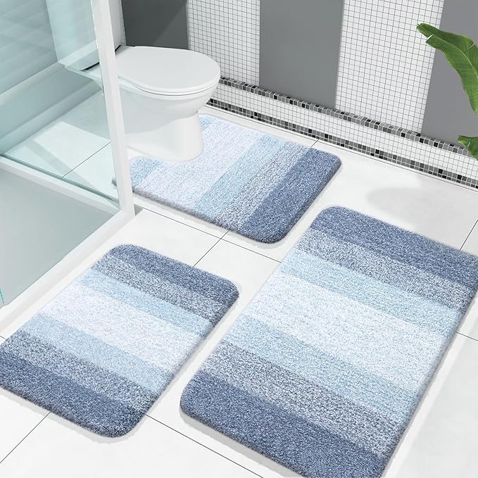 OLANLY Bathroom Rugs Sets 3 Piece, Soft Absorbent Microfiber Bath Mats and U-Shaped Contour Toilet Rug, Plush Shaggy Bath Mat Set for Bathroom (30"x20"+24"x16"+24"x20", Blue)