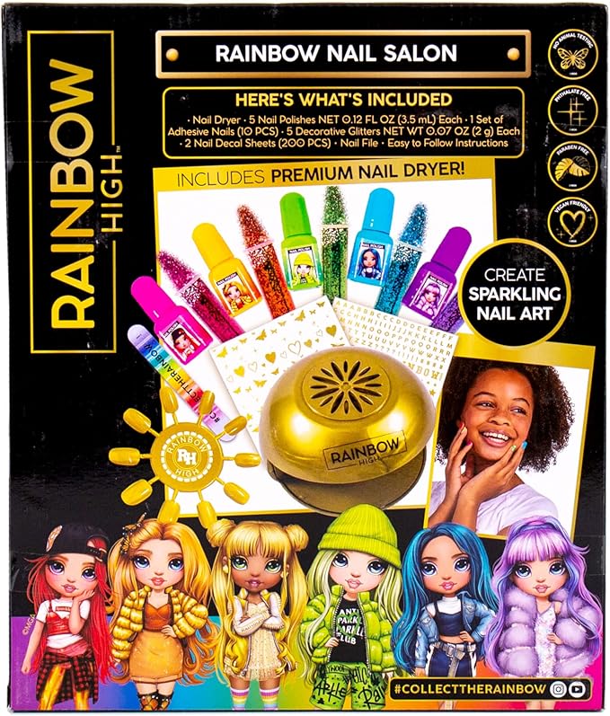 Rainbow High Rainbow Nail Salon by Horizon Group USA, Includes 5 Nail Polishes, Nail Stickers, Stick-On Nails, Glitter & Nail Dryer, Nail Art Kit for Girls Ages 7-12