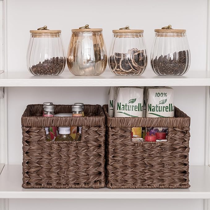GRANNY SAYS Wicker Storage Baskets for Shelves, Wicker Baskets for Organizing, Waterproof Woven Basket for Pantry, Rectangle Basket for Shlef, Brown, 2-Pack