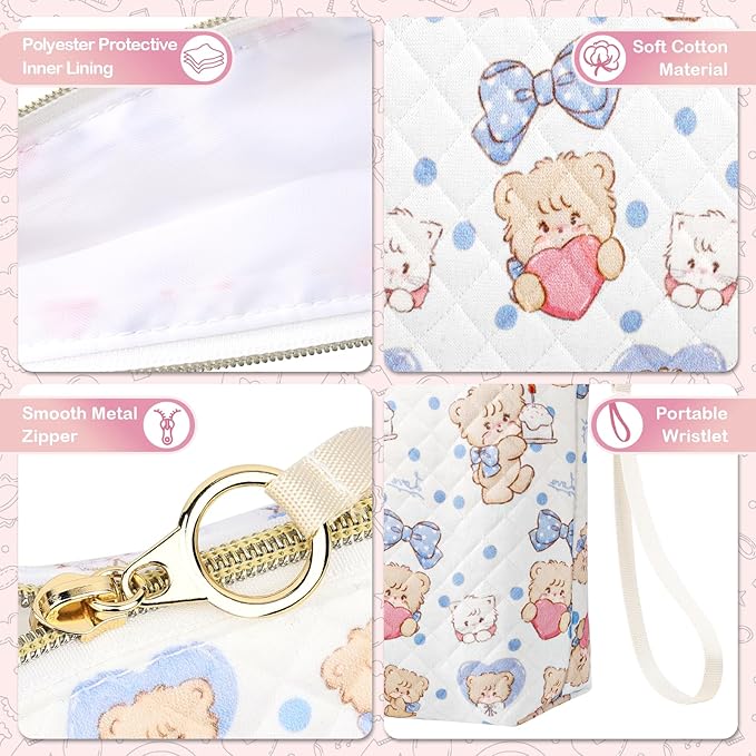 Period Bag for Teen Girls, Quilted Sanitary Napkin Storage Bag, Cute Bears Menstrual Pad Pouch Tampon Holder (Large-Pink)