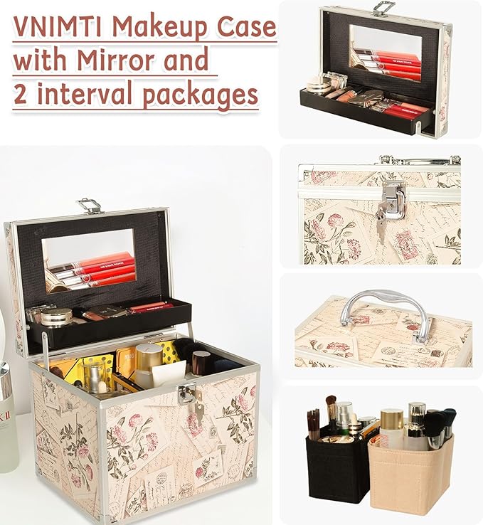 VNIMTI Makeup Train Case, Portable Makeup Box with Mirror, Cosmetic Storage Box for Women with Trays, Makeup Box Organizer (Vintage Stamp - Box -Size L)