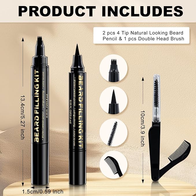 Beard Pen Beard Pencil Filler for Men Beard Filler 4 Tip Pen for Natural Looking Beard 2PCS Beard Pencil & 1PCS Double Head Beard Brush Double Head Four Fork Eyebrow Pencil Eyeliner (Dark Brown)