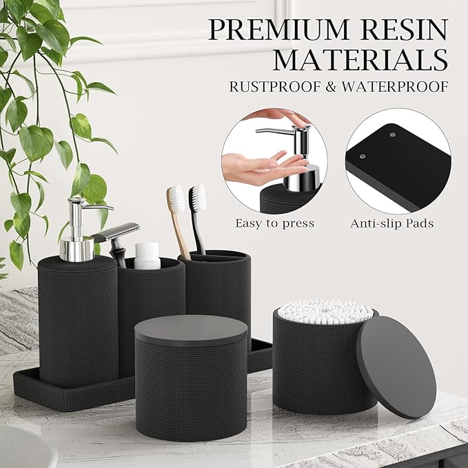 6-Piece Black Bathroom Set - Mesh Textured Resin Bathroom Accessories Set with Soap Dispenser, Toothbrush Holder, Cup, Vanity Tray & Apothecary Jars for Small Spaces