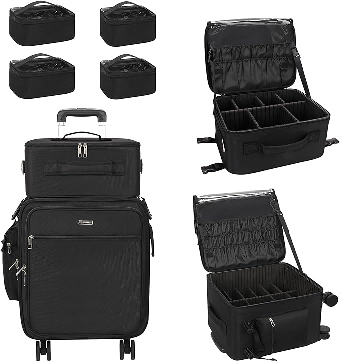Relavel Rolling Makeup Case Professional Makeup Train Case, Makeup Artist Travel Bag with Wheels, 3-in-1 Portable Travel Beauty Trolley Case for Cosmetology Storage (Black)