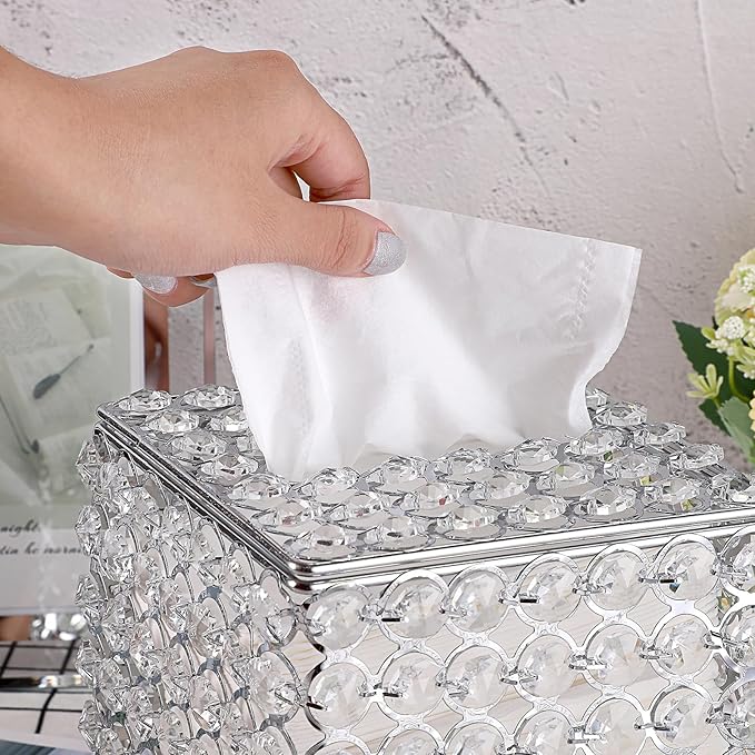 Sumnacon Crystal Square Tissue Box Cover - Decorative Tissue Box Holder, Sparkling Cube Tissue Holder for Bathroom Dresser Night Stand Table Car Store Office Home Decor, Silver