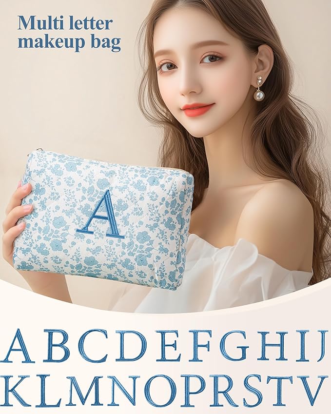 HBselect Initial Quilted Makeup Bag, Cotton Large Travel Makeup Bag, Cute Floral Coquette Make up Bag Cosmetic Bag Toiletry Bag for Women Girls B