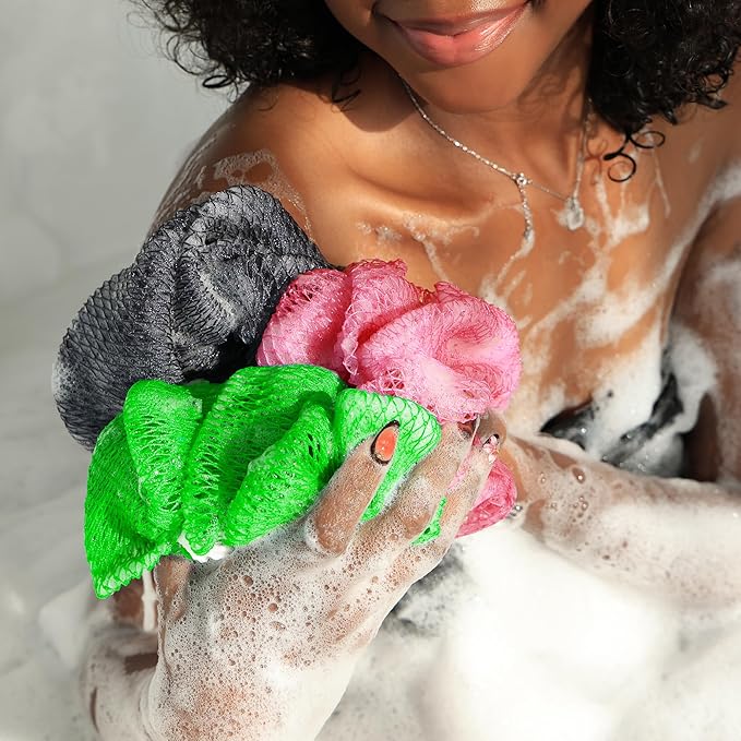 Loofah Sponge African Net Authentic - 2 Pieces Real African Exfoliating Sponge with Knots - African Net Wash Cloths for Body Scrubber Exfoliator Purple & Pink - Back Scrub for Shower Bath Accessories