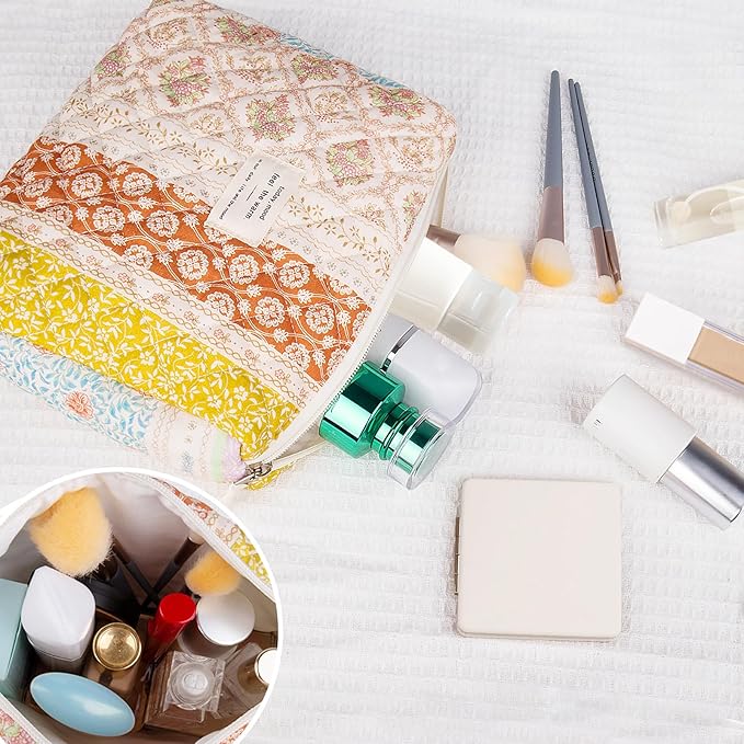 Floral Makeup Bag, Small Cosmetic Bag for Women Girls, Cute Cotton Makeup Bag, Quilted Makeup Bags, Flower Travel Toiletry Organizer Bag(Color-Coded Floral)