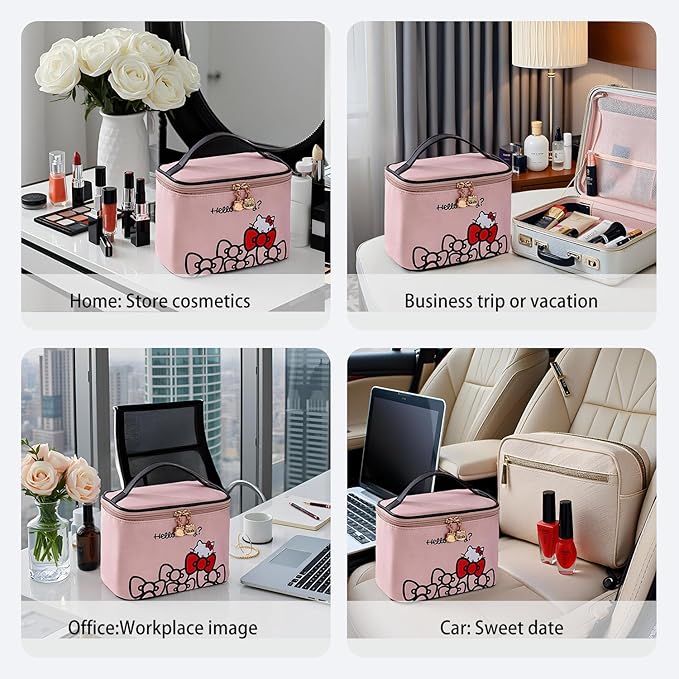 Vimanllie Makeup Bag Large Capacity Waterproof Cosmetic Bag with Dedicated Brush Holder,Cute Printed Makeup Organizer for Women Traveling,Portable Toiletry Bag for Girls