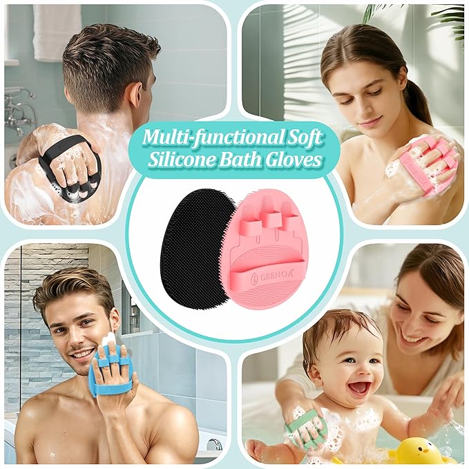 Upgrade Silicone Bath Glove 2PCS, 360° Anti-Slip & Enlarged Silicone Body Scrubber for Rich Foam Deep Cleaning, Revolutionary No-Grip & Hand-fit Shower Scrubber for All Skin Types(Black+Pink)