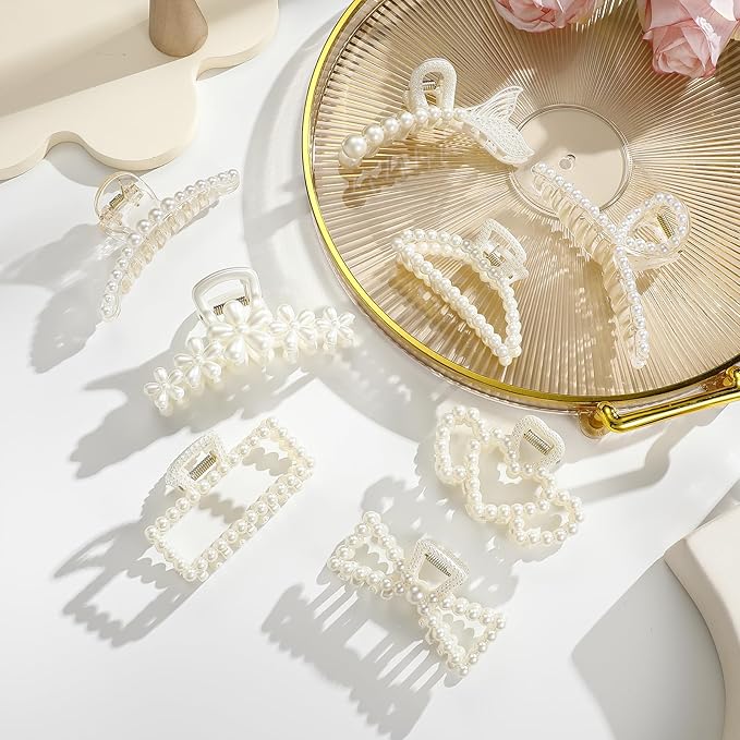 CWJCYTNSN 8 PCS Hair Clips for Women Large Hair Claw Clips for Thin Thick Curly Hair Styling Pearl Jaw Clips Strong Hold Nonslip Fashion Hair Accessories for Bridal Wedding
