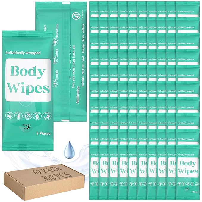 300 Pcs 60 Pack Body Wipes for Adults Bathing No Rinse Individually Wrapped Shower Wipes Washcloth with Aloe Cleansing Body Wash Cloths Disposable Bulk Deodorant Homeless(Green Background)