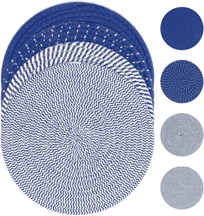 SHACOS 10 Inches Trivets for Hot Dishes, 4 Pieces Cotton Trivets Mats for Kitchen, Hot Pads for Countertops and Table, Heat-Resistant Pot Holders for Hot Pots and Pans(Deep Blue, 4pcs)