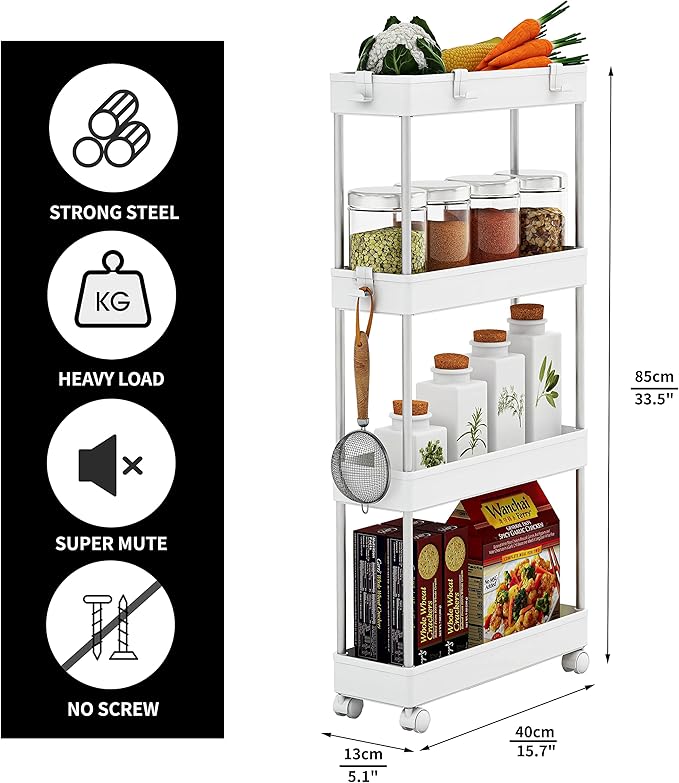 4 Tier Slim Storage Cart Mobile Shelving Unit Organizer Slide Out Storage Rolling Utility Cart Tower Rack for Kitchen Bathroom Laundry Narrow Places, Plastic & Stainless Steel, White