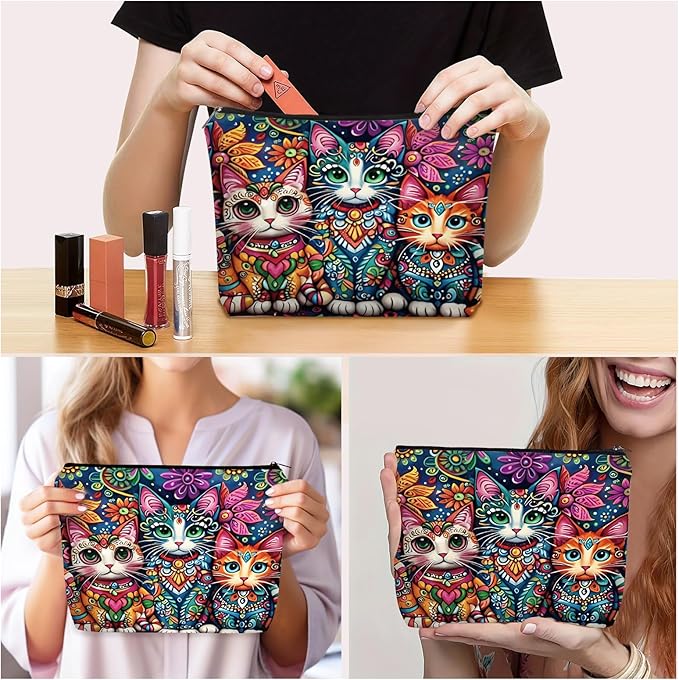Bohemian Cat Mom Makeup Bag Easter Gift: Cute Boho Cats Themed Cosmetic & Toiletry Organizer Pouch For Daughters, Sisters, Friends,Teen Girls & Women.Ideal Gift For Travel, Birthdays.