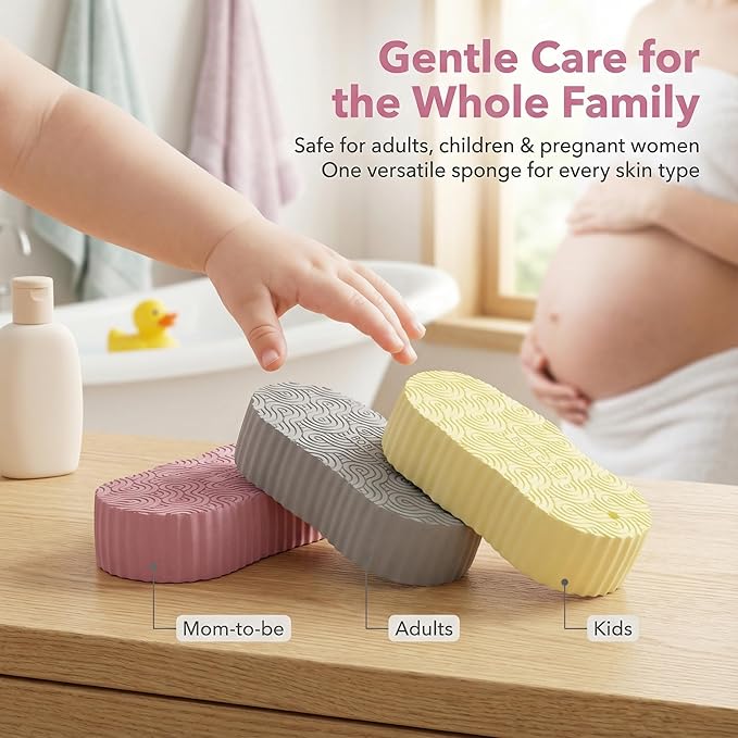 Magic Exfoliating Bath Sponge, 3D Super Soft Exfoliating Bath Sponge, Skin Friendly and Reusable for Adults Children and Pregnant Women Alternative to exfoliating Gloves (Pink + Yellow + Gray)