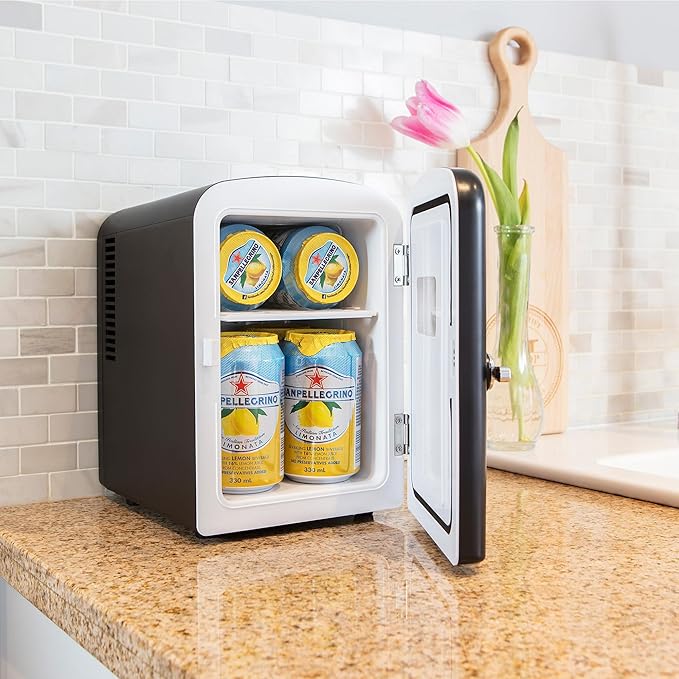 Koolatron Mini Fridge- Black Refrigerator 6 Can Portable Cooler for Bedroom Office Dorm Car Compact Fridge for Drinks Makeup Skincare Dual Power 12V 110V