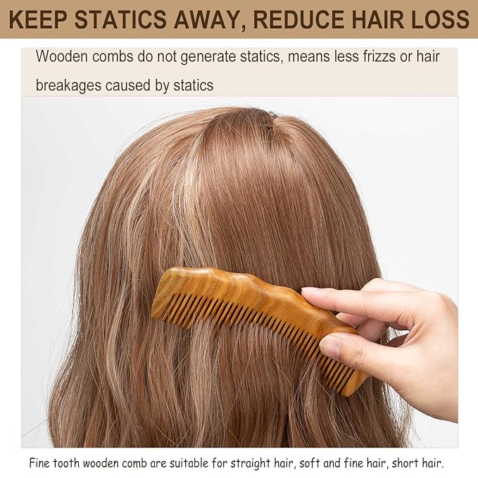 Wooden Beard Comb for Men, Fine Tooth Wooden Comb for Women - Green Sandalwood