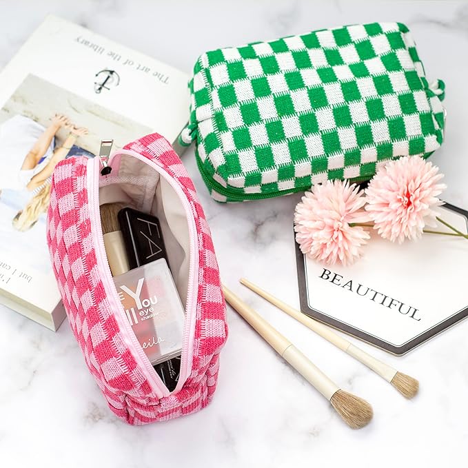 PAZIMIIK Checkered Makeup Bag for Purse Portable Zipper Make Up Pouch Small Cosmetic Case for Travel Accessories (2PCS Blue Hotpink)