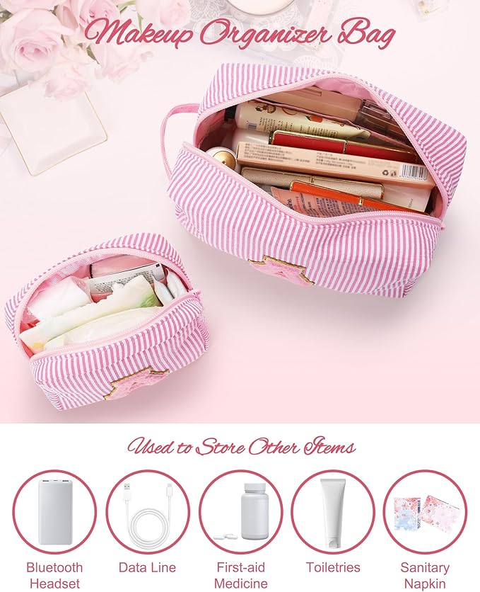 MONSTINA Easter Basket Gifts for Teens,Initial Makeup Bag,Monogram Pouch Personalized Cosmetic Bag for Girls&Women,Cute Letter Make Up Bag, Pink A