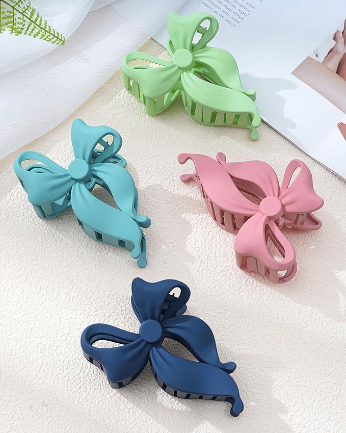Mesovor 4 pack Cute Bow Claw Clip for Women, Nonslip Large Matte Strong Hold Bows Hair Clips for Thin and Thick Hair | Chic Hair Styling Accessories (4.1" Navy, Blue, Light Green, Pink)