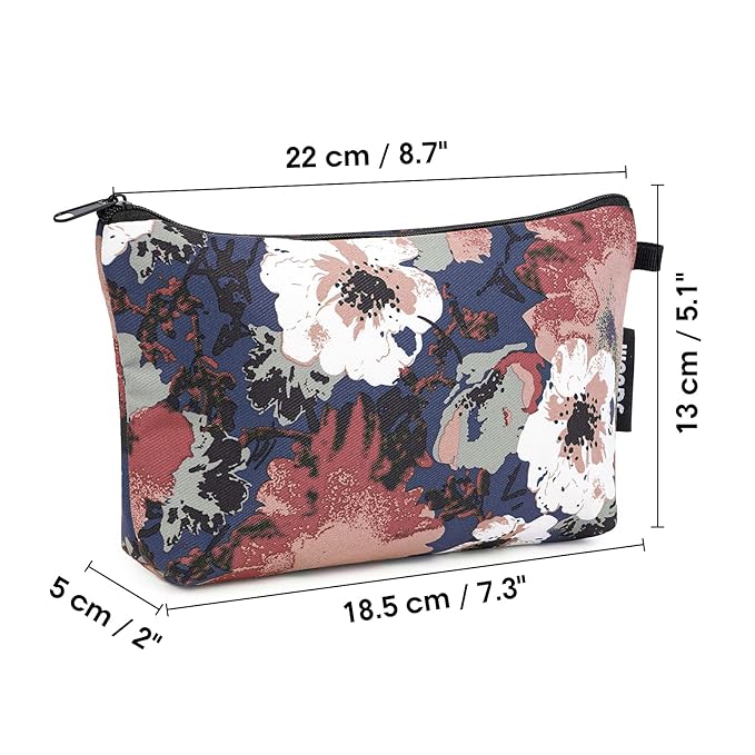 WANDF Cosmetic Bag for Women Makeup bag Organizer Mini Makeup Pouch for Purse Water Resistant Girls Gift (Blue Flower)