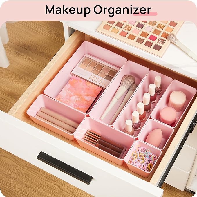 Vtopmart 72 PCS Plastic Drawer Organizers Set, 4-Size Versatile Bathroom and Vanity Organizer Trays, Non-Slip Storage Bins for Makeup, Jewelries, Kitchen Utensils and Office Desk, Pink | 72 PCS, 4-Size, Versatile, Non-Slip