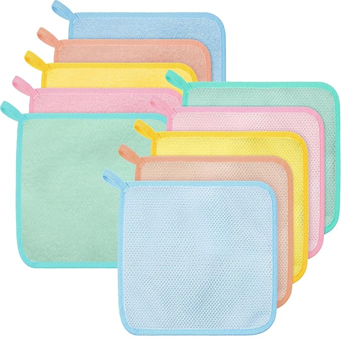 Tudomro 10 Pcs Exfoliating Washcloths Double Sided Man Wash Cloths Body Face Exfoliating Scrub Cloths for Shower Men Women (10.2 x 8.7 Inc,Macaron Color)