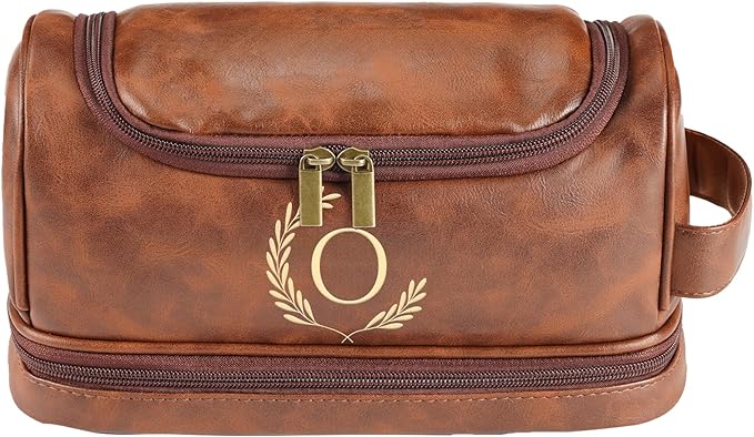 Personalized Leather Toiletry Bag For Men, Engraved Initial Travel Toiletry Bag for Men, Travel kit for Him, Ideal Gift for Him Dad Father Son Husband Grandpa Lover Christmas Anniversary Birthday(O)