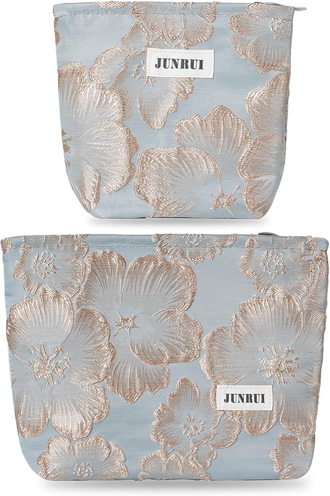 2 PCS Makeup Bag Small Cute Makeup Pouch Floral Cosmetic Bag for Women，Soft Toiletry Bag Pouch for Purse，Embroidery Craft Makeup Bag with Zipper（Gold Flower）