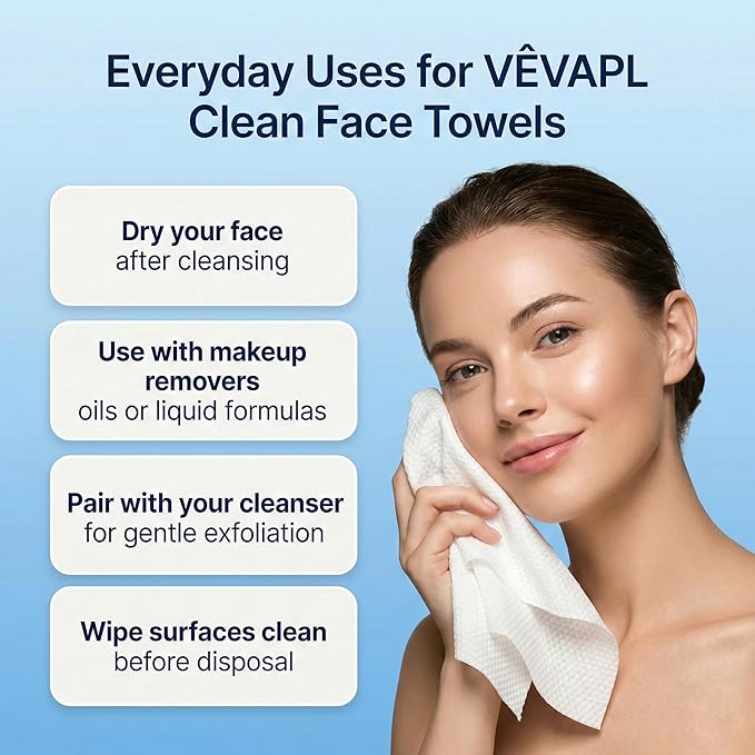 VÊVAPL® - VEVAPL Clean Facial Towels XL – 60 Towels | 100% Viscose, Disposable Face Towel, Dermatologist Tested, Ultra Soft, Ultra Thick 90GSM for Skincare, Makeup Removal & Daily Cleansing