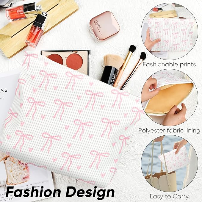 Cute Makeup Pouch for Women Bows Hearts Small Make Up Bag for Purse Zipper Initial Cosmetic Bags Pouches for Purse Aesthetic Travel Toiletrybags,Pink Bow Heart