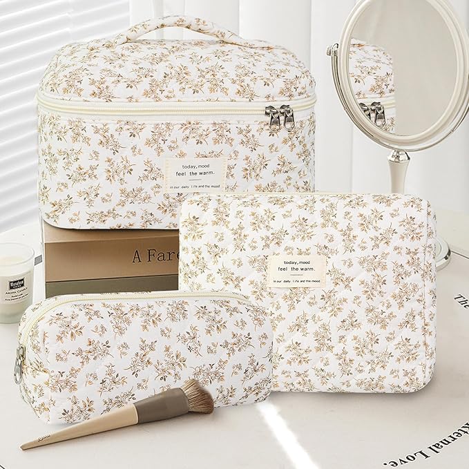 3Pcs Makeup Bag Cotton Quilted Travel Cosmetic Bag Cute Floral Makeup Pouch Large Toiletry Bag for Women Girls