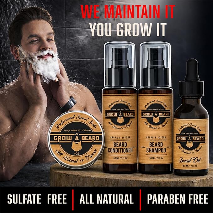 Beard Straightener Grooming Kit for Men, Beard Growth Kit, Wash, Brush & Comb, Unscented Growth Oil, All Natural Sandalwood Balm, Conditioner, Razor & Scissors, Great Gift Idea for Men's (Bamboo)
