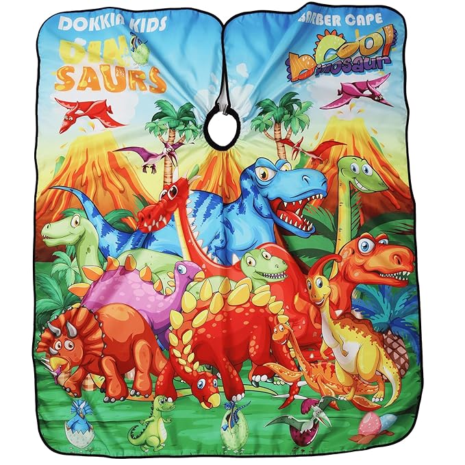 DOKKIA Barber Hair Cutting Cape Kids Children Toddler Boys Girls Hairdressing Salon Styling Cloth Apron Cover Gown with Neck Duster Brush Green Dino Dinosaur World