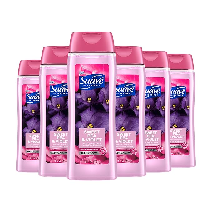 Suave Moisturizing Body Wash, with Sweet Pea Violet and Vitamin E Extract, No Parabens, No Phtahaltes, 18 Fl Oz (Pack of 6)