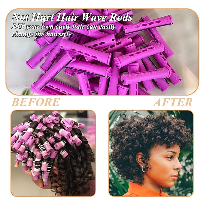 Purple Perm Rods Set for women - 36pcs Plastic Cold Wave Rods Hair Rollers for Short Long Hair Curling Rod with Rat Tail Comb(36pcs Purple)
