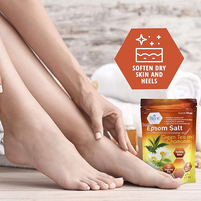 MED PRIDE Epsom Bath Salts 19.2oz, with Green Tea & Chamomile - Relaxing Foot Bath Salts for Soothing, Muscle Recovery & Relaxation - Soaking Salts